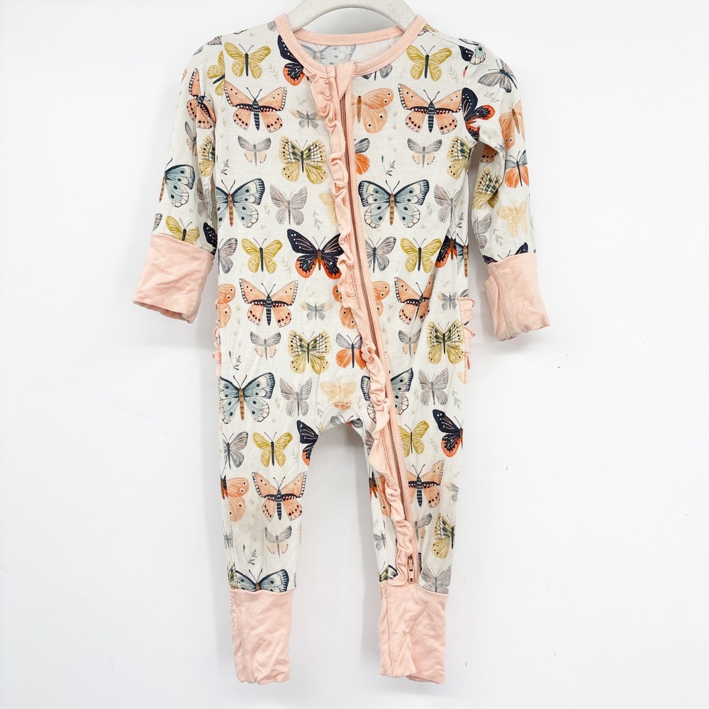 Little Snuggles Baby Girls Butterfly Ruffle Bamboo Zippy Sleeper Romper 6-9M